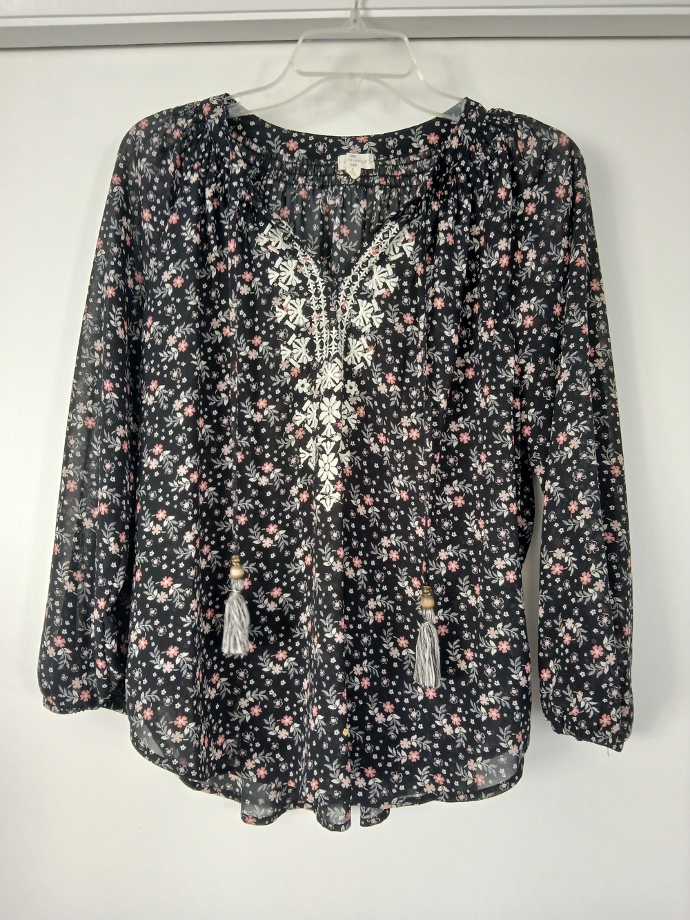 Black Floral Embroidered Peasant Blouse with Tassel Ties